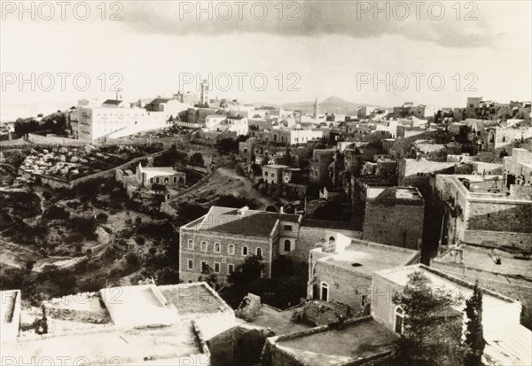 Bethlehem. View from the Church of the Nativity over the city of Bethlehem. Bethlehem, British Mandate of Palestine (West Bank, Middle East), circa 1942. Bethlehem, West Bank, West Bank (Palestine), Middle East, Asia.