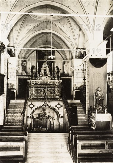 Church of the Annunciation, Nazareth. Interior of the Church of the Annunciation, where according to Christian tradition the archangel Gabriel delivered the Annunciation to Mary, the mother of Jesus. Nazareth, British Mandate of Palestine (Israel), circa 1942. Nazareth, North (Israel), Israel, Middle East, Asia.