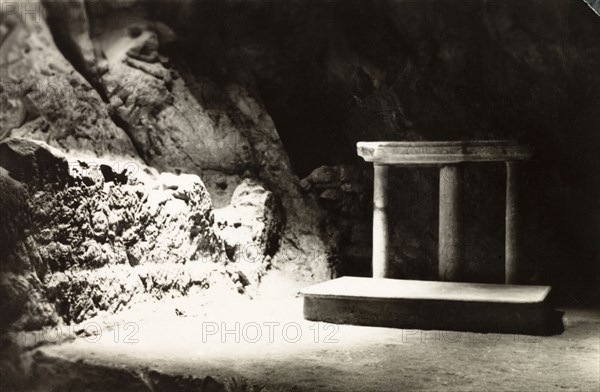 Tomb of Joseph of Arimathea. Interior view of the Tomb of Joseph of Arimathea, a grotto located under the Church of the Holy Sepulchre. Jerusalem, British Mandate of Palestine (Israel), circa 1942. Jerusalem, Jerusalem, Israel, Middle East, Asia.