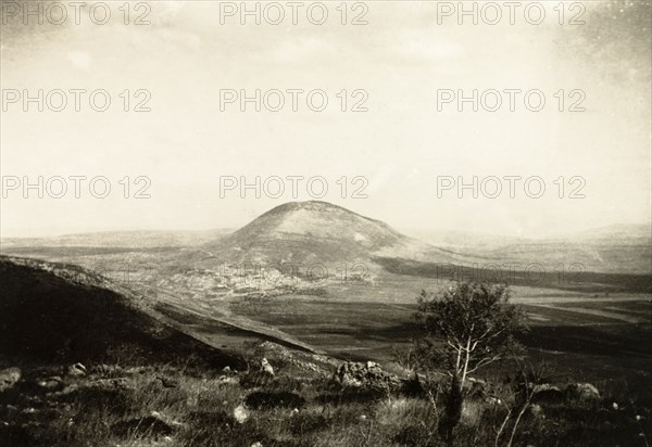 Mount Tabor, Galilee. View of Mount Tabor projecting from Jezreel Valley, traditionally believed to be the site of the Transfiguration of Jesus. Lower Galilee, British Mandate of Palestine (Israel), circa 1942., North (Israel), Israel, Middle East, Asia.