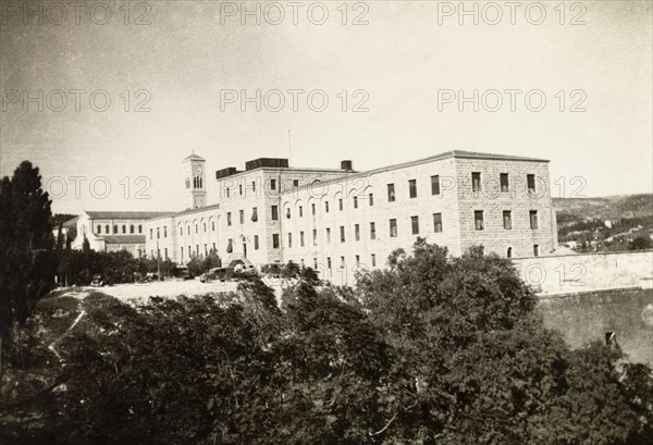 A Franciscan monastery, Nazareth. View of a large, colonial-style building identified as a Franciscan monastery. Nazareth, British Mandate of Palestine (Israel), circa 1942. Nazareth, North (Israel), Israel, Middle East, Asia.