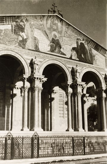 facade of the Church of All Nations. View of the muraled facade of the Church of All Nations, a Christian church located on the Mount of Olives next to the Garden of Gethsemane. Jerusalem, British Mandate of Palestine (Israel), circa 1942. Jerusalem, Jerusalem, Israel, Middle East, Asia.