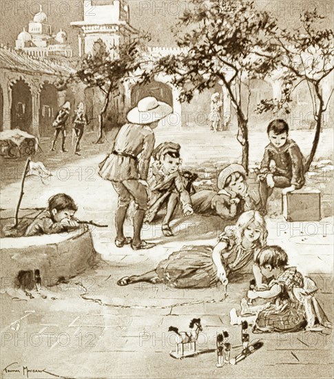 Playing at war. An illustration depicts a group of British children playing war in a courtyard during the Indian Mutiny and Rebellion (1857-58). Four of the boys appear to be playing a game of marbles, whilst the others play with toy soldiers as part of a pretend siege. An original caption suggests they were playing with grape shot, a type of loosely packed ammunition used in cannons. India, circa 1857. India, Southern Asia, Asia.