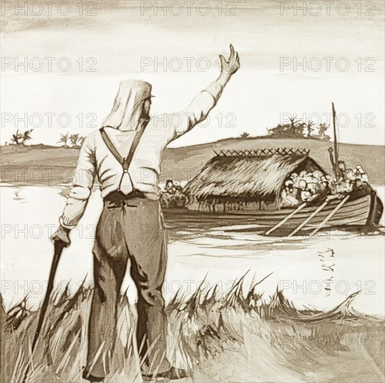 Overtaking the Futtehgur boats'. An illustration depicts a scene from the Indian Mutiny and Rebellion (1857-58). A British soldier stands on a riverbank, waving to a covered boat as it passes. An original caption suggests the boat was travelling either to or from Futtehgur. Bengal (West Bengal), India, circa 1857. India, Southern Asia, Asia.