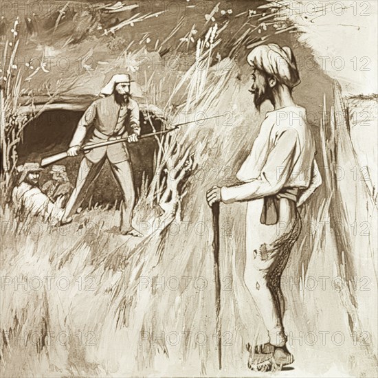 Challenging a stranger. An illustration depicts a scene from the Indian Mutiny and Rebellion (1857-58). A British soldier challenges an Indian traveller in ragged clothes as he passes a dugout concealed in the countryside. India, circa 1857. India, Southern Asia, Asia.