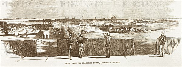 British garrison on Delhi's northern ridge. An illustration depicts British soldiers on guard duty during the Indian Mutiny and Rebellion (1857-58). They survey the land from the battlements of a garrison on the northern ridge, looking south east towards the besieged city of Delhi. Delhi, India, 1857. Delhi, Delhi, India, Southern Asia, Asia.