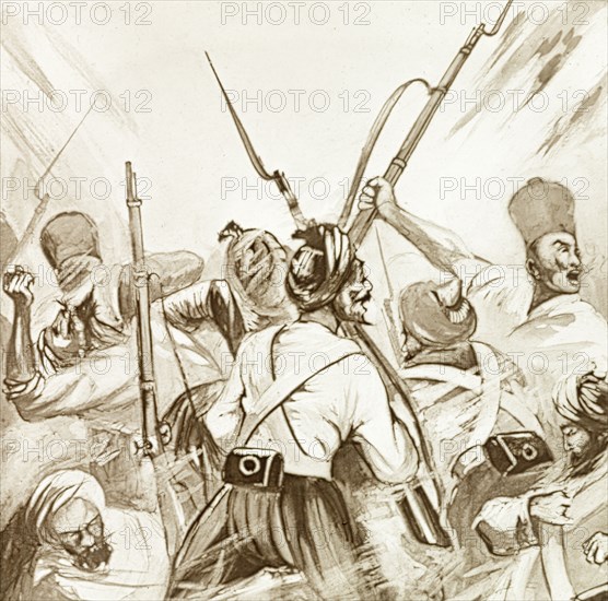 Sepoys battling Sikh soldiers, 1857. An illustration depicts a violent battle between mutinous sepoys and Sikh soldiers loyal to the British Army during the Indian Mutiny and Rebellion (1857-58). India, circa 1857. India, Southern Asia, Asia.