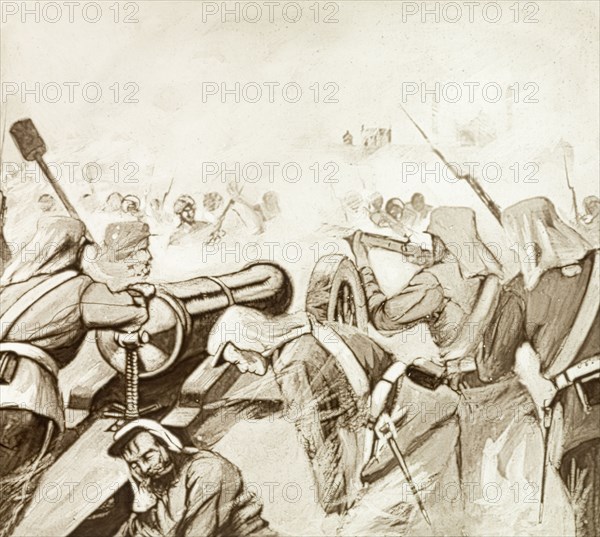 Lieutenant Willoughby's brave party'. An illustration depicts violent conflict in Delhi between British Army soldiers and mutinous Indian sepoys during the Indian Mutiny and Rebellion (1857-58). The British, led by Lieutenant George Willoughby, were defending an ammunition arsenal that was later destroyed to prevent it falling into enemy hands. Delhi, India, 11 May 1857. Delhi, Delhi, India, Southern Asia, Asia.