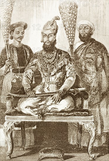 Portrait of Bahadur Shah II. Illustrated portrait of Bahadur Shah II (1775-1862), the last Mughal Emperor of India. During the Indian Mutiny and Rebellion (1857-58), Bahadur Shah II was expected to become Emperor of India after British rule had been overthrown, but when the rebellion was suppressed, he was deposed and exiled to Burma (Myanmar), ending nearly 300 years of the Mughal Dynasty. India, circa 1857. India, Southern Asia, Asia.