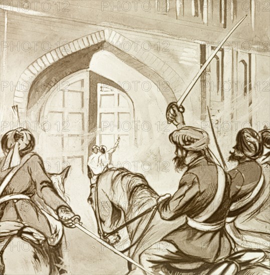 Sepoys attack Meerut jail, 1857. An illustration depicts a gang of mutinous sepoys storming Meerut jail to liberate their comrades: 85 Muslim and Hindu soldiers who had been imprisoned for refusing, on religious grounds, to handle musket carriages greased with animal fat. This was one of a series of events that sparked the Indian Mutiny and Rebellion (1857-58). Meerut, North West Province (Uttar Pradesh), India, 1857., Uttar Pradesh, India, Southern Asia, Asia.