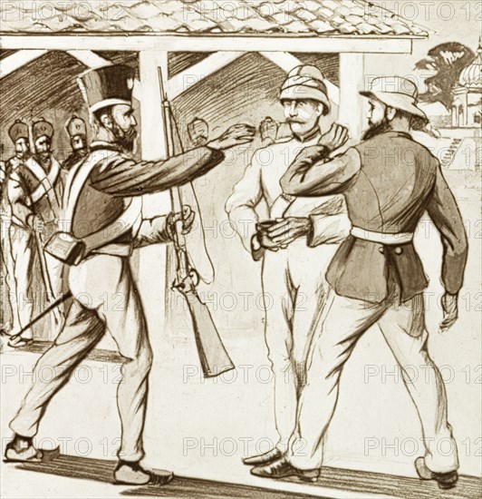 A moment of tension at Lucknow, 1857. An illustration depicts a moment of tension between an Indian sepoy and a British officer shortly before the outbreak of the Indian Mutiny and Rebellion (1857-58). Lucknow, North Western Provinces (Uttar Pradesh), India, 1857. Lucknow, Uttar Pradesh, India, Southern Asia, Asia.