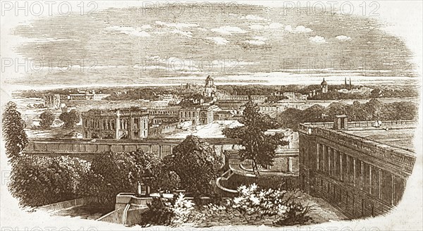 Lucknow, circa 1857. Illustrated view over the city of Lucknow, observed at around the time of the Indian Mutiny and Rebellion (1857-58). Lucknow, North Western Provinces (Uttar Pradesh), India, circa 1857. Lucknow, Uttar Pradesh, India, Southern Asia, Asia.
