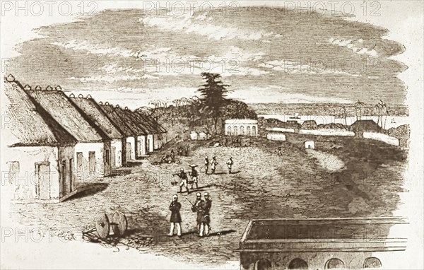 Entrenched hospital at Cawnpore, 1857. Illustration of the entrenched British hospital at Cawnpore, before it was deserted during the Siege of Cawnpore (1857). Cawnpore, North Western Provinces (Kanpur, Uttar Pradesh), India, circa 1857. Kanpur, Uttar Pradesh, India, Southern Asia, Asia.
