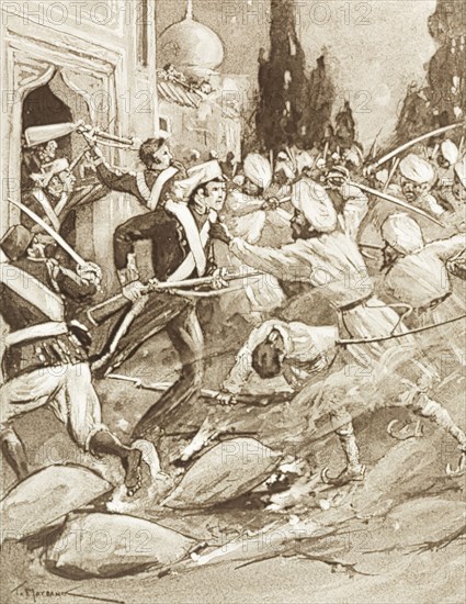 Fighting at an Indian temple, 1857. An illustration depicts a violent battle scene from the Indian Mutiny and Rebellion (1857-58). British soldiers and mutinous Indian sepoys fight with bayonets and swords outside a temple. India, circa 1857. India, Southern Asia, Asia.