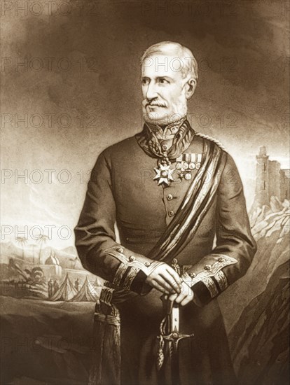 Major General Sir Henry Havelock. Portrait of Sir Henry Havelock (1795-1857), a Major General in the British Army who became famous for his involvement in the recapture of Cawnpore (Kanpur) and the first relief of Lucknow during the Indian Mutiny and Rebellion (1857-58). India, circa 1857. India, Southern Asia, Asia.