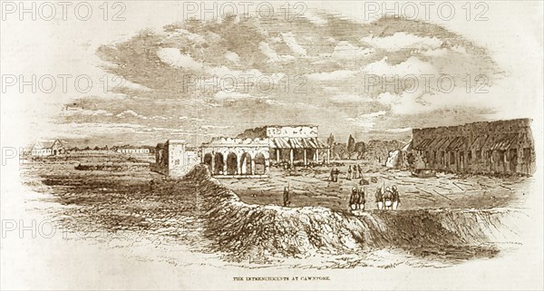 The deserted hospital' at Cawnpore. An illustration depicts entrenchments surrounding the ruins of the British hospital at Cawnpore, deserted during the Siege of Cawnpore (1857) when mutinous Indian sepoys attacked the garrison. Cawnpore, North Western Provinces (Kanpur, Uttar Pradesh), India, circa 1857. Kanpur, Uttar Pradesh, India, Southern Asia, Asia.