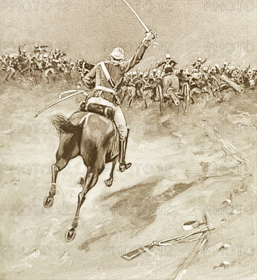 Frightening the enemy'. An illustration depicts a British soldier on horseback, charging into battle with his sword held high during the Indian Mutiny and Rebellion (1857-58). India, circa 1857. India, Southern Asia, Asia.