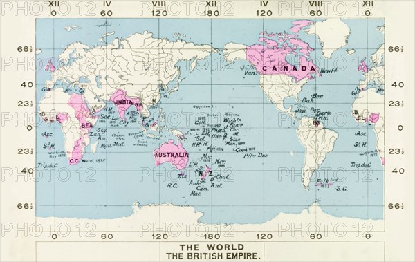 Map of the British Empire, 1914. The territories of the British Empire in 1914 are highlighted in pink on a world map produced by 'The Diagram Company'. England, 1914. England (United Kingdom), Western Europe, Europe .