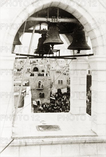 Bell tower of Armenian Church, Bethlehem. View through the bell tower of the Church of the Nativity, an Armenian Apostolic Church in city of Bethlehem. Bethlehem, British Mandate of Palestine (West Bank, Middle East), circa 1938. Bethlehem, West Bank, West Bank (Palestine), Middle East, Asia.