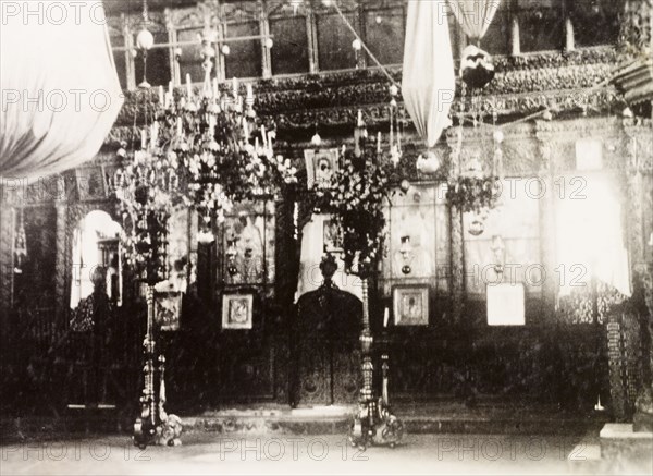 Interior of Church of the Nativity, Bethlehem. The ornate interior of the Church of the Nativity, an Armenian Apostolic Church in the city Bethlehem. Bethlehem, British Mandate of Palestine (West Bank, Middle East), circa 1938. Bethlehem, West Bank, West Bank (Palestine), Middle East, Asia.