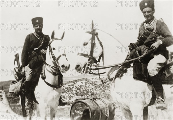 Transjordan Frontier Force officers. Two Arab officers of the Transjordan Frontier Force mounted on horseback. Transjordan (Jordan), circa 1938. Jordan, Middle East, Asia.