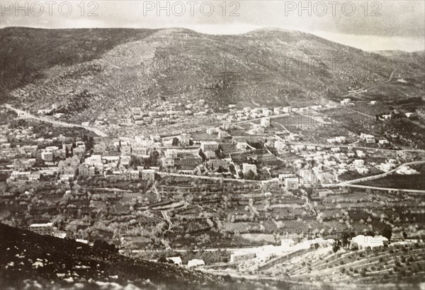 Nablus, Palestine. View over the Palestinian city of Nablus situated in a mountain valley, taken during the Great Uprising revolt (1936-39). Nablus, British Mandate of Palestine (West Bank, Middle East), circa 1938. Nablus, West Bank, West Bank (Palestine), Middle East, Asia.