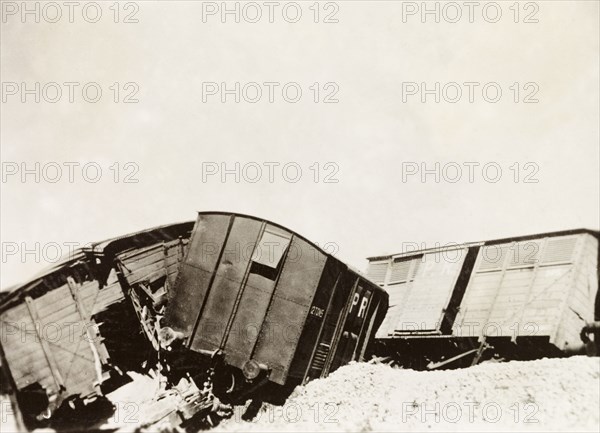 Derailment on the Kantara line. Railway carriages lay in a tangled heap on the Kantara line, derailed in a sabotage attack by Palestinian Arab dissidents during the Great Uprising (1936-39). British Mandate of Palestine (Middle East), circa 1938., Middle East, Asia.
