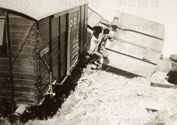 Derailment on the Kantara line. Railway carriages lay in a tangled heap on the Kantara line, derailed in a sabotage attack by Palestinian Arab dissidents during the Great Uprising (1936-39). British Mandate of Palestine (Middle East), circa 1938., Middle East, Asia.