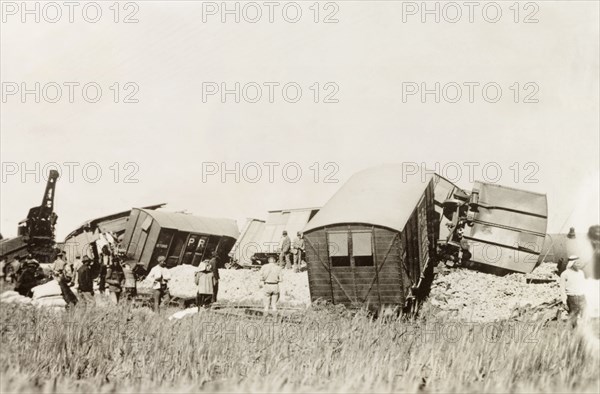 Derailment on the Kantara line. Railway carriages lay in a tangled heap on the Kantara line, derailed in a sabotage attack by Palestinian Arab dissidents during the Great Uprising (1936-39). British Mandate of Palestine (Middle East), circa 1938., Middle East, Asia.