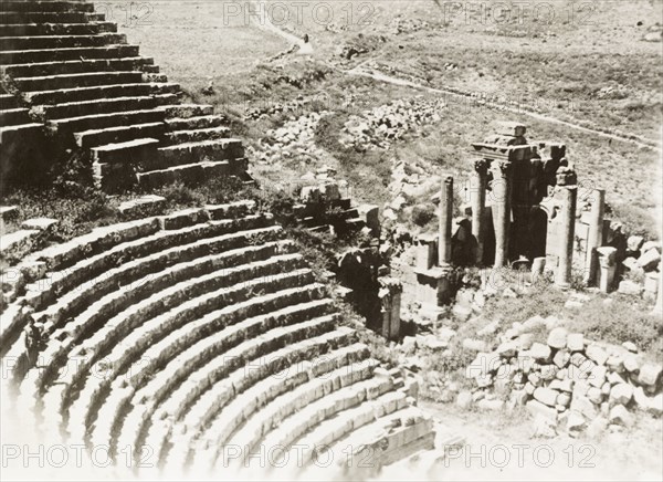 Roman amphitheatre, Palestine. The ruins of a Roman amphitheatre in Palestine. British Mandate of Palestine (Middle East), circa 1938. Amman, Jordan, Jordan, Middle East, Asia.