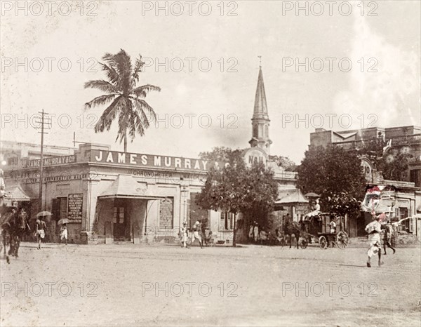 James Murray & Co.' in Dalhousie Square. The original premises of 'James Murray & Co.' in Dalhousie Square (now B.B.D. Bagh), before it relocated to larger building in Government Place. James Murray & Co. was a British-owned family business that specialised in making chronometers and also operated as a jewellers and opticians. Calcutta (Kolkata), circa 1890. Kolkata, West Bengal, India, Southern Asia, Asia.