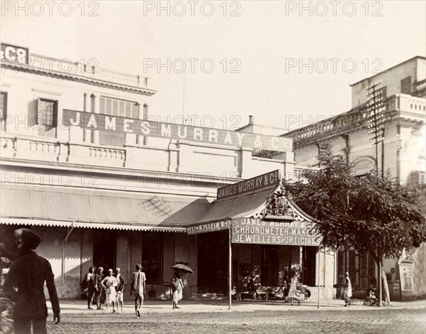 James Murray & Co.' in Government Place. The new premises of 'James Murray & Co.', located at 12 Government Place, Calcutta. James Murray & Co. was a British-owned family business that specialised in making chronometers and also operated as a jewellers and opticians. Calcutta (Kolkata), 1899. Kolkata, West Bengal, India, Southern Asia, Asia.