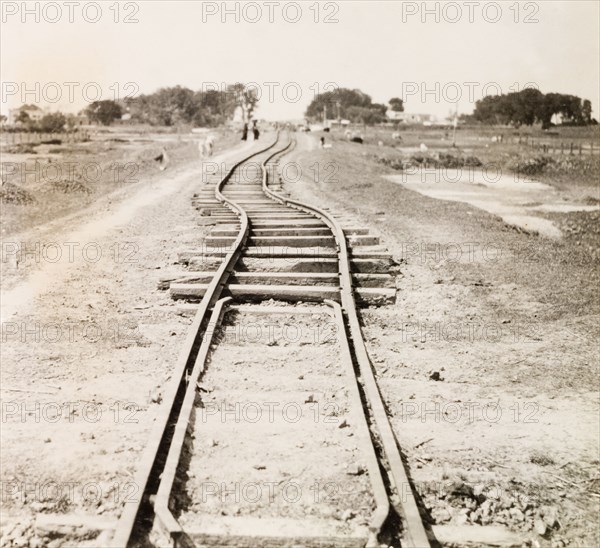 Railway track damaged by earthquake, Bihar. A section of buckled railway track, damaged by an earthquake that struck near the India-Nepal border on 15 January 1934, killing approximately 10,500 people. Bihar, India, 1934., Bihar, India, Southern Asia, Asia.