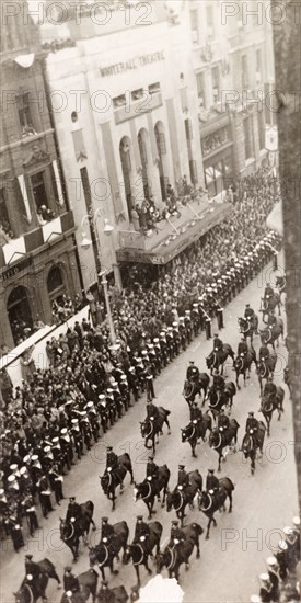 King George VI's coronation procession. Crowds of spectators line Whitehall to watch the coronation procession of King George VI on its way to Westminster Abbey. Cavalry regiments of the British Army precede the King and Queen Elizabeth who were escorted through the streets in the Gold State Coach. London, England, 12 May 1937. London, London, City of, England (United Kingdom), Western Europe, Europe .