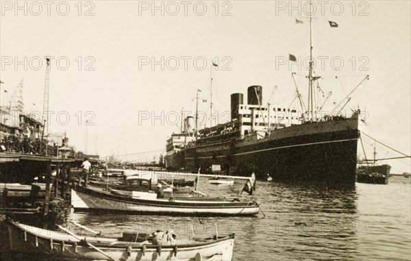 Cathay' on the Suez Canal. View of the P&O passenger liner 'Cathay', pictured on the Suez Canal on her way from London to Calcutta (Kolkata). Suez, Egypt, November 1938. Suez, Suez, Egypt, Northern Africa, Africa.