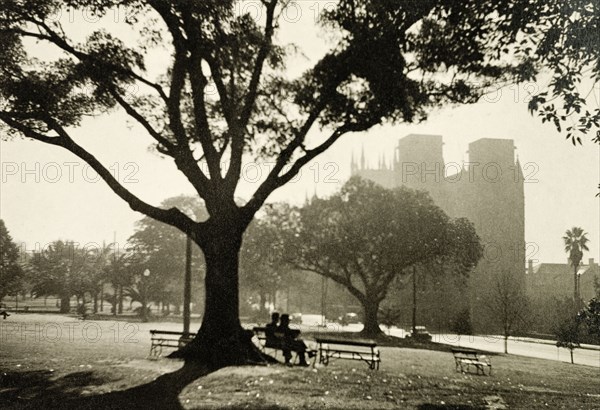 Hyde Park, Sydney. View of Hyde Park in Sydney, looking west towards the central business district. Hyde Park was originally declared a public open space in 1792 by Admiral Arthur Phillip, the British governor of New South Wales and founder of the city of Sydney. Sydney, Australia, April 1940. Sydney, New South Wales, Australia, Australia, Oceania.