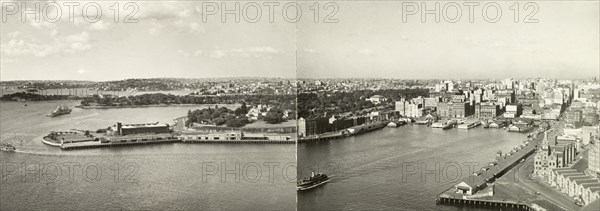 View over Port Jackson and Sydney. View over Port Jackson and the city of Sydney, taken from Sydney Harbour Bridge. Sydney, Australia, 1940. Sydney, New South Wales, Australia, Australia, Oceania.