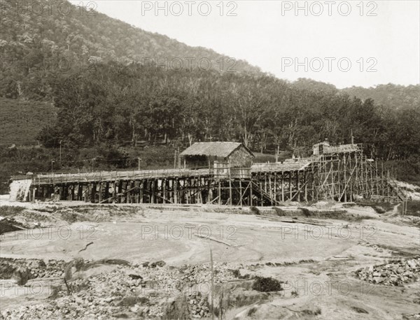 A tin mine, British Malaya. A typical Malaysian tin mine. Perak, British Malaya (Malaysia), 1940., Perak, Malaysia, South East Asia, Asia.