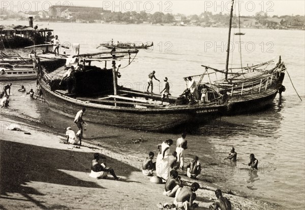 Sail boats on the Hooghly River. Sail boats moored on the banks of the Hooghly River. Bengal (West Bengal), India, October 1940., West Bengal, India, Southern Asia, Asia.