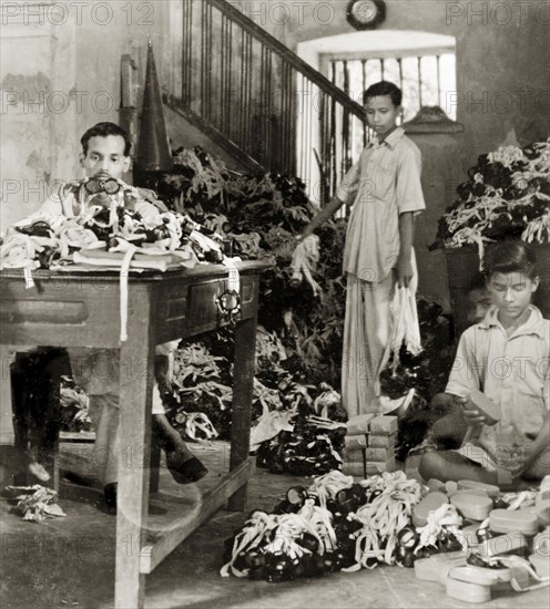 Workers in a goggle factory, Calcutta. Indian factory workers inspect and box up hundreds of pairs of sun and dust goggles to be sent out to British forces in the Middle East. Located on Barrackpore Road in Calcutta, this factory manufactured over a million pairs of goggles during the Second World War. Calcutta (Kolkata), India, circa 1944., West Bengal, India, Southern Asia, Asia.