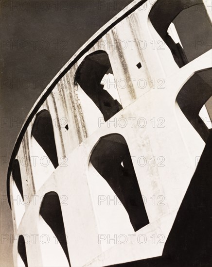 Ram Yantra at Yantra Mandir, Delhi. The exterior wall of the cylindrical Ram Yantra at Yantra Mandir (or Jantar Mantar), an astronomical observatory built by Maharajah Jai Singh II in the early 18th century. This section of the complex was designed to measure azimuth and altitude angles. Delhi, India, 1943. Delhi, Delhi, India, Southern Asia, Asia.