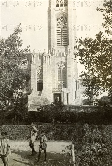 Medak Cathedral. Exterior view of the tower of Medak Cathedral, built by Wesleyan Methodist missionaries in the Gothic architectural style during the First World War (1914-1918). Medak, Andhra Pradesh, India, 1933., Andhra Pradesh, India, Southern Asia, Asia.
