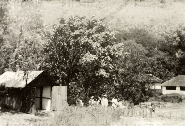 Maskal Maradi' coffee estate. View of 'Maskal Maradi' coffee estate in the mountains of Chikmagalur. To the left stands a Christian church used by the plantation workers, which was converted from a garage. Chikmagalur, Mysore State (Chikkamagaluru, Karnataka), India, 1936., Karnataka, India, Southern Asia, Asia.