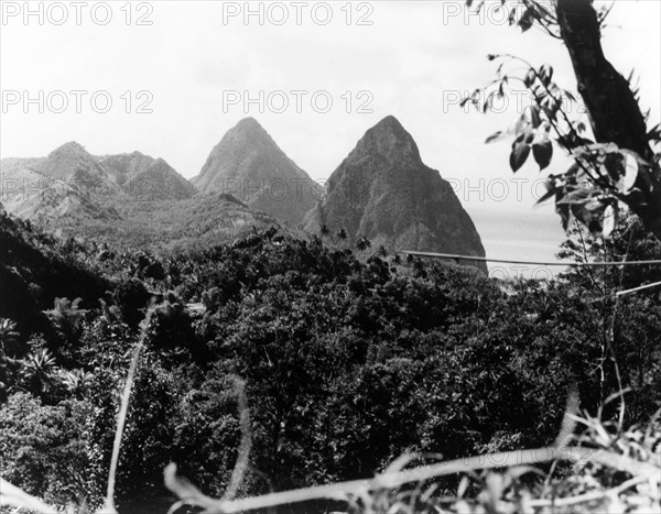 The Pitons, St Lucia. The Pitons rise up from the coastline of St Lucia. St Lucia, 1965., St Lucia, Caribbean, North America .
