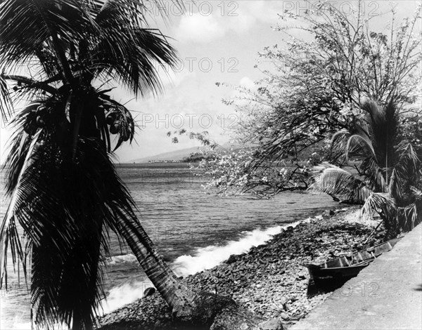 Dominica coastline. Waves crash against a steep, pebbled beach. Dominica, 1965., Dominica, Caribbean, North America .