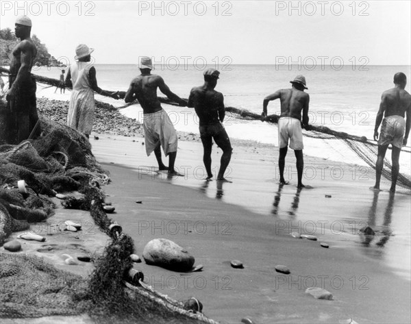 Hauling in the nets, Grenada. A line of men and women haul in their fishing nets on a sandy beach in Grenada. Grenada, 1965., Grenada, Caribbean, North America .