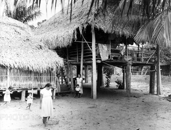 An Amerindian village in British Guiana. Amerindian women and children relax outdoors below the stilted, thatched dwellings of a Guyanese village. British Guiana (Guyana), 1965. Guyana, South America, South America .