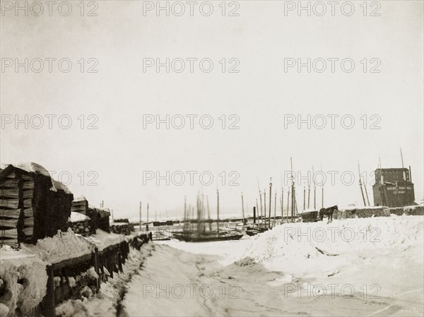 Frazer Docks, Quebec. View of the masts of sail boats neatly moored in rows at Frazer Docks. Quebec, Canada, February 1902. Quebec, Quebec, Canada, North America, North America .