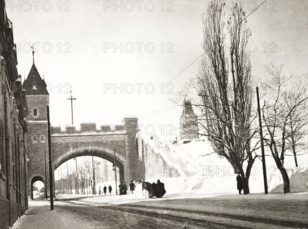Old Quebec City walls. View of St Louis Gate on the fortified town walls of Old Quebec City. Quebec, Canada, February 1902. Quebec, Quebec, Canada, North America, North America .