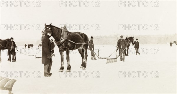 Ice cutters, Canada. A team of ice cutters prepare to use a horse-drawn ice saw to remove ice from Lake Ontario. Hamilton, Canada, February 1902. Hamilton, Ontario, Canada, North America, North America .